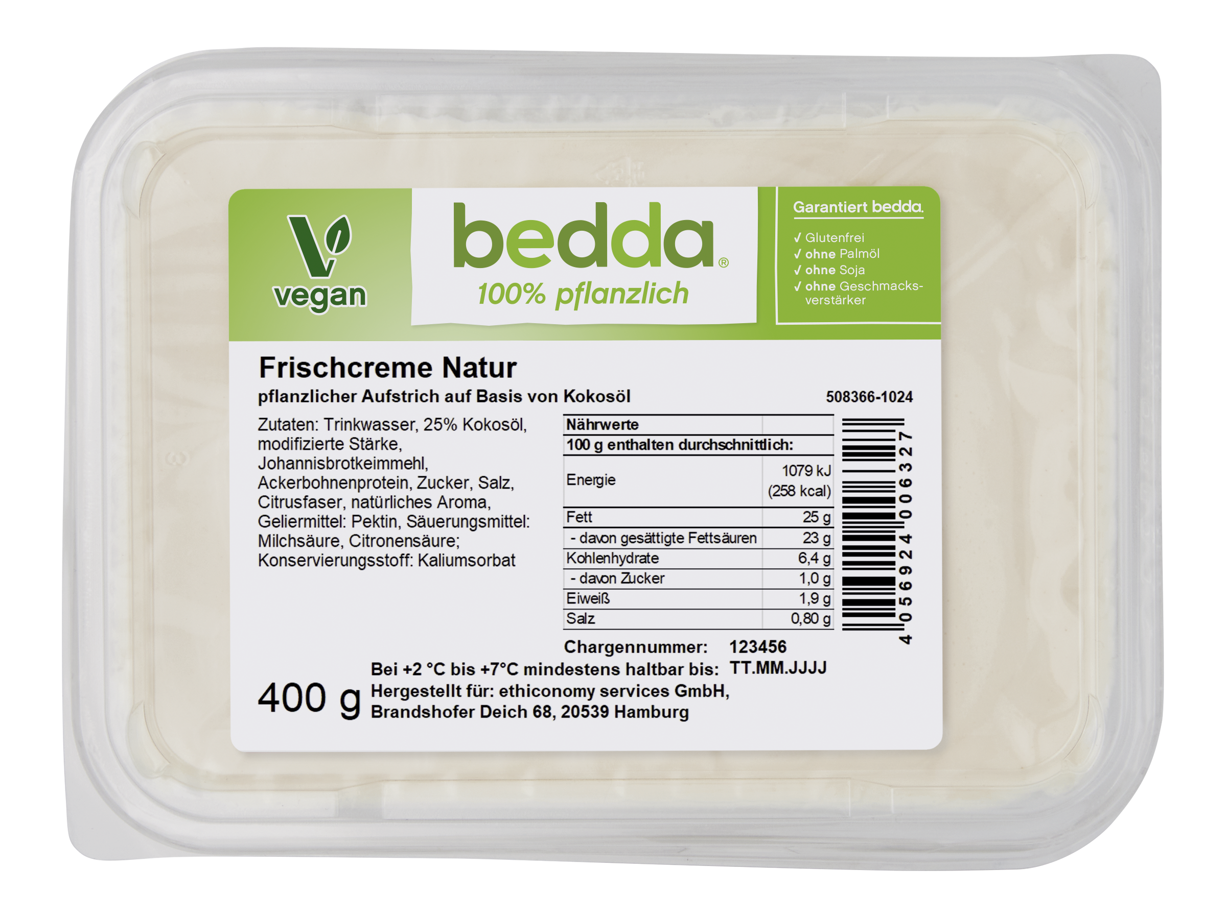 Vegane Frischcreme Natur von bedda in der 400-g-Packung