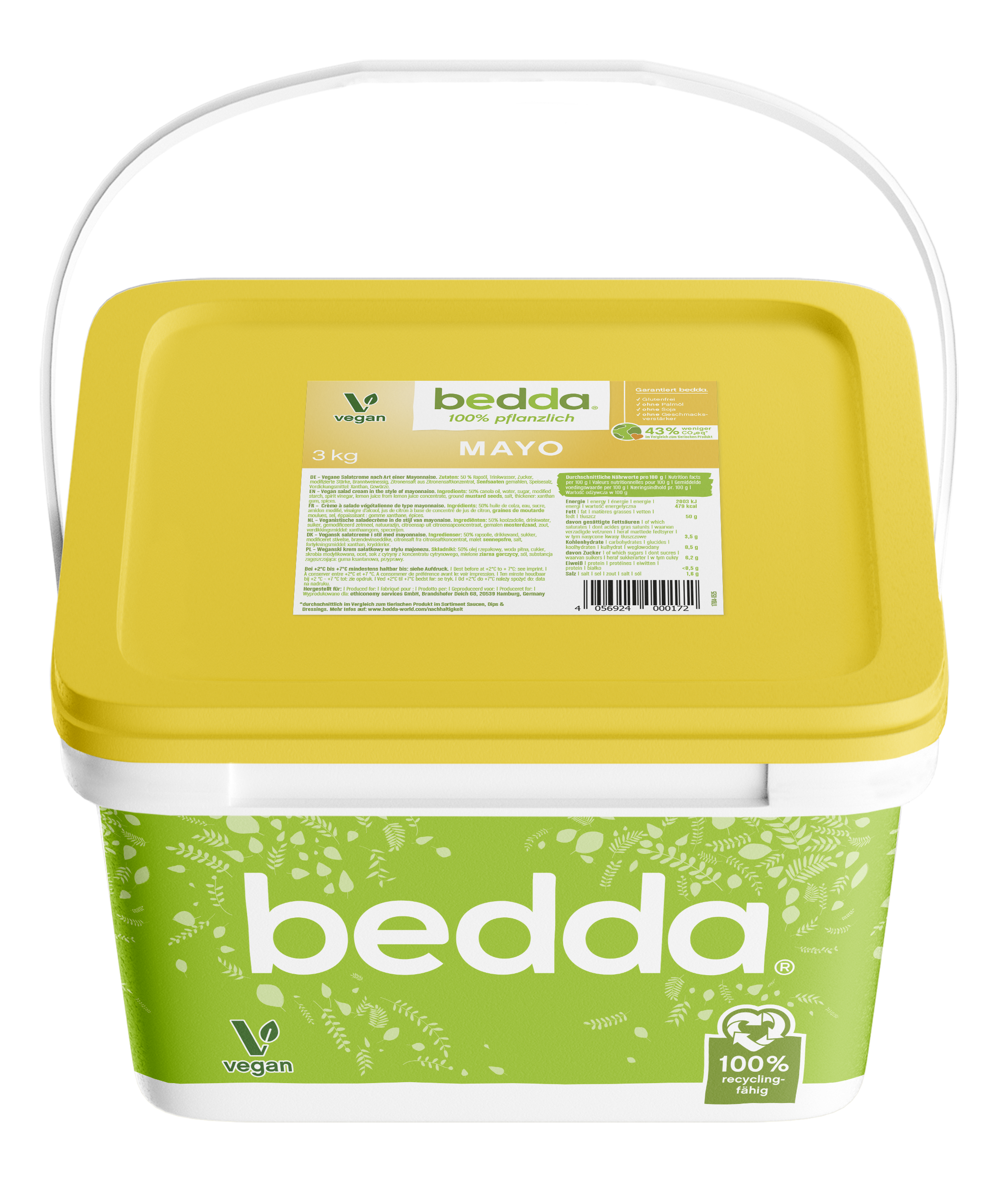 Vegane Mayo von bedda im 3-kg-Eimer