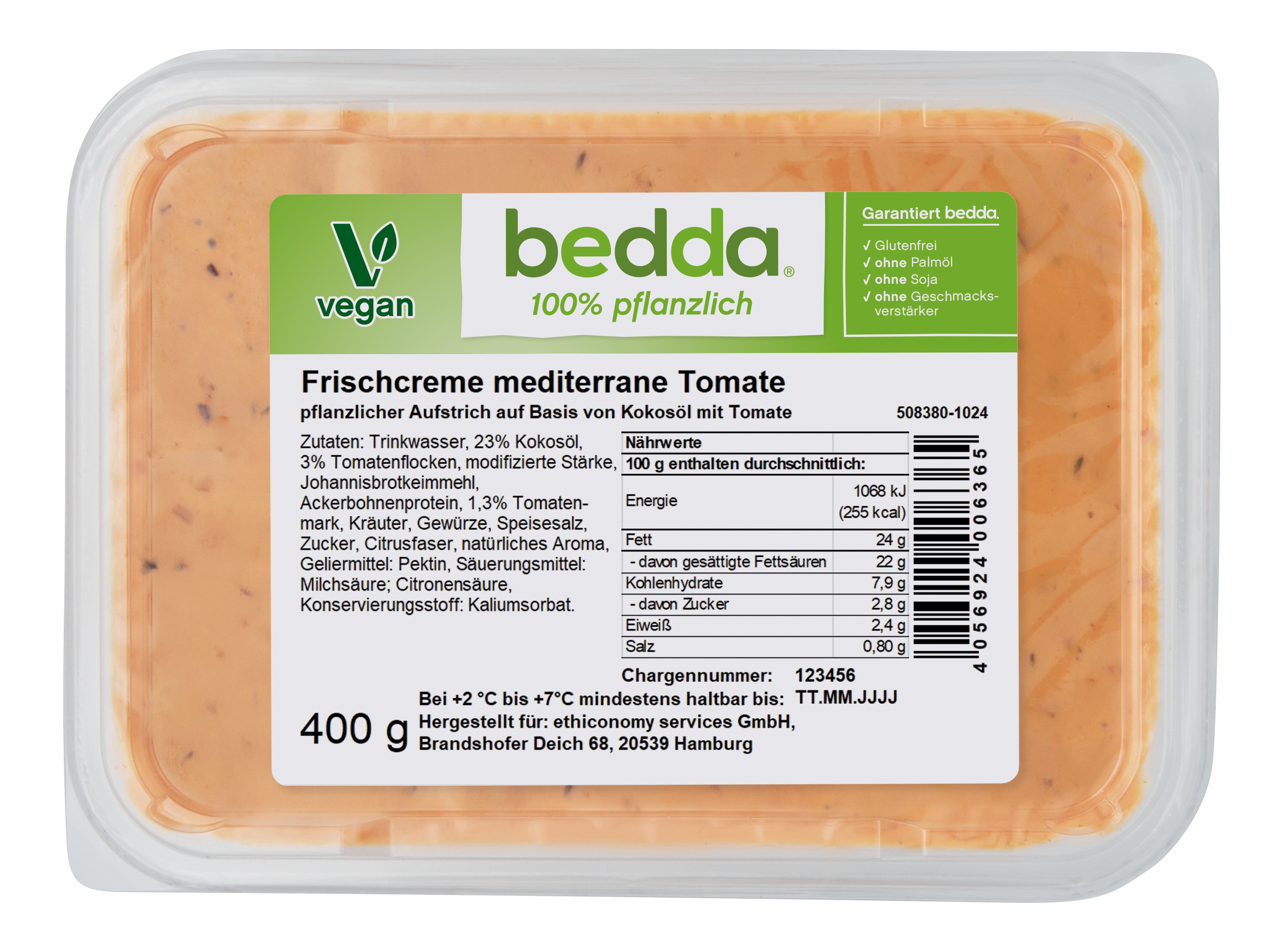 Vegane Frischcreme mediterrane Tomate von bedda in der 400-g-Packung